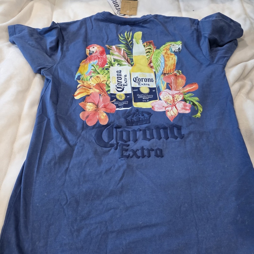 Corona Men Extra Blue Graphic T-Shirt Parrot Bottle Floral Back Print Beer Sz M